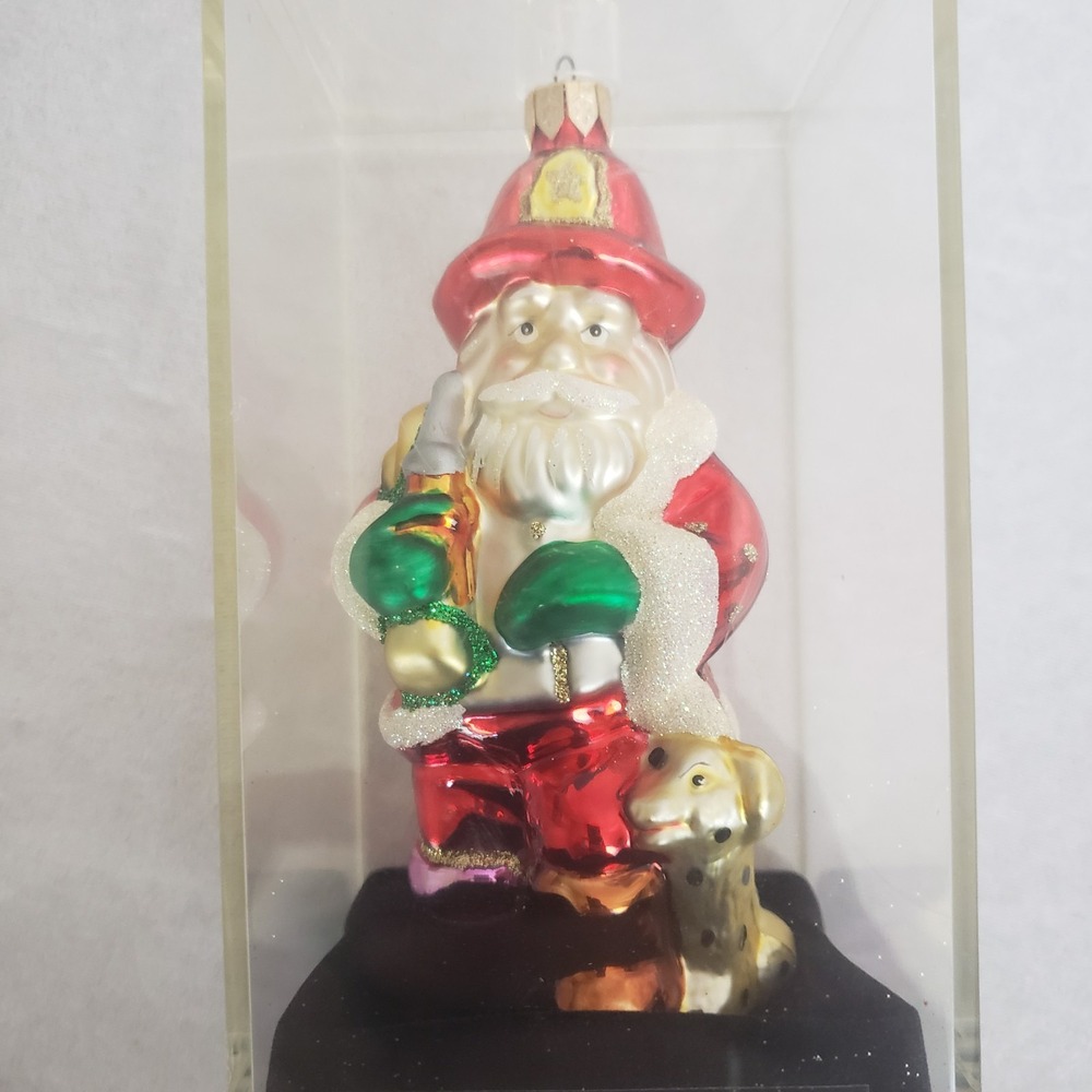 Blown Glass Santa Fireman Dalmatian Ornament‎ Handcrafted In Acrylic Case 5"